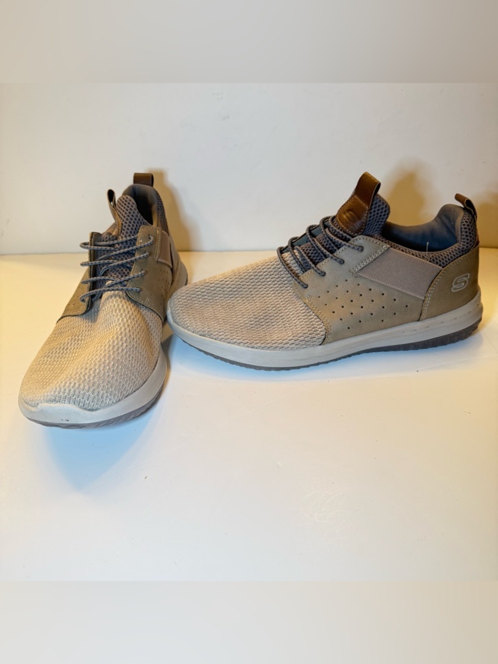 Skechers Men's Knit Lace-Up Sneakers in Taupe and Dark Gray